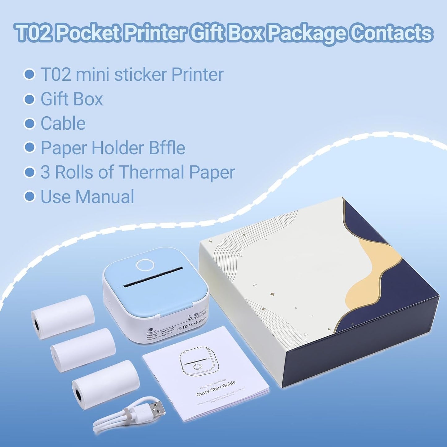 ASprink Mini Printer with 3 Rolls Paper, T02 Mini Thermal Printer, Sticker Printer, Pocket Printer, Inkless Sticker Printer, Print pod, Sticker Printer Machine for Notes, Memo, Journals, DIY