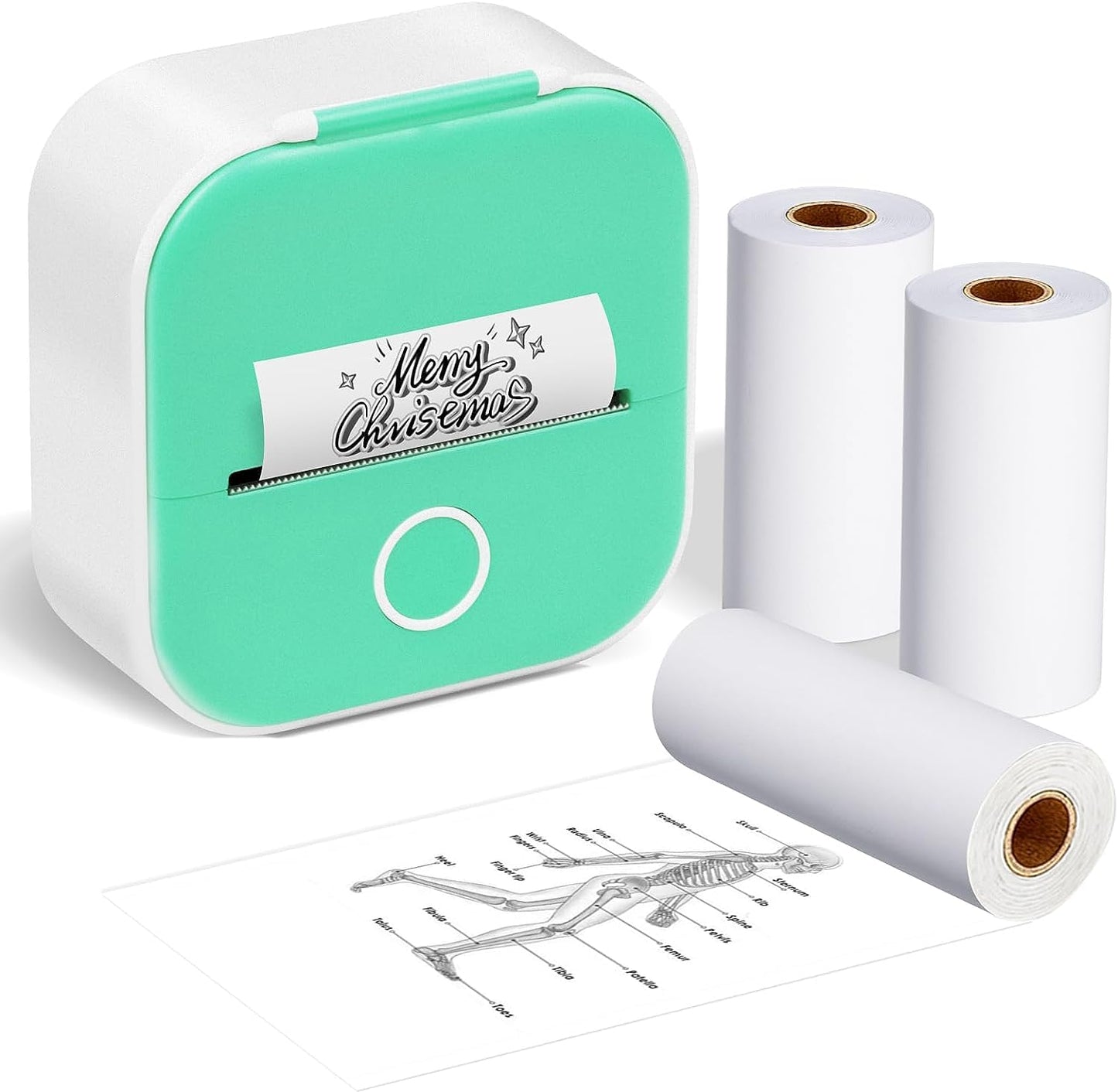 ASprink T02 Bluetooth Thermal Mini Printer - Portable Sticker Machine - Pocket for iPhone, Green with 3 Rolls Paper Journal, Memo, Photo, Grün