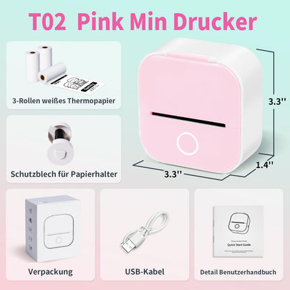 ASprink Mini Pocket Printer mit 3 Papierrollen, T02 Mini Drucker, Sticker Drucker, Mini Aufkleberdrucker, Thermodrucker, Mini Bluetooth Drucker, Inkeless Drucker für Notizen, Memos, Zeitschriften, DIY