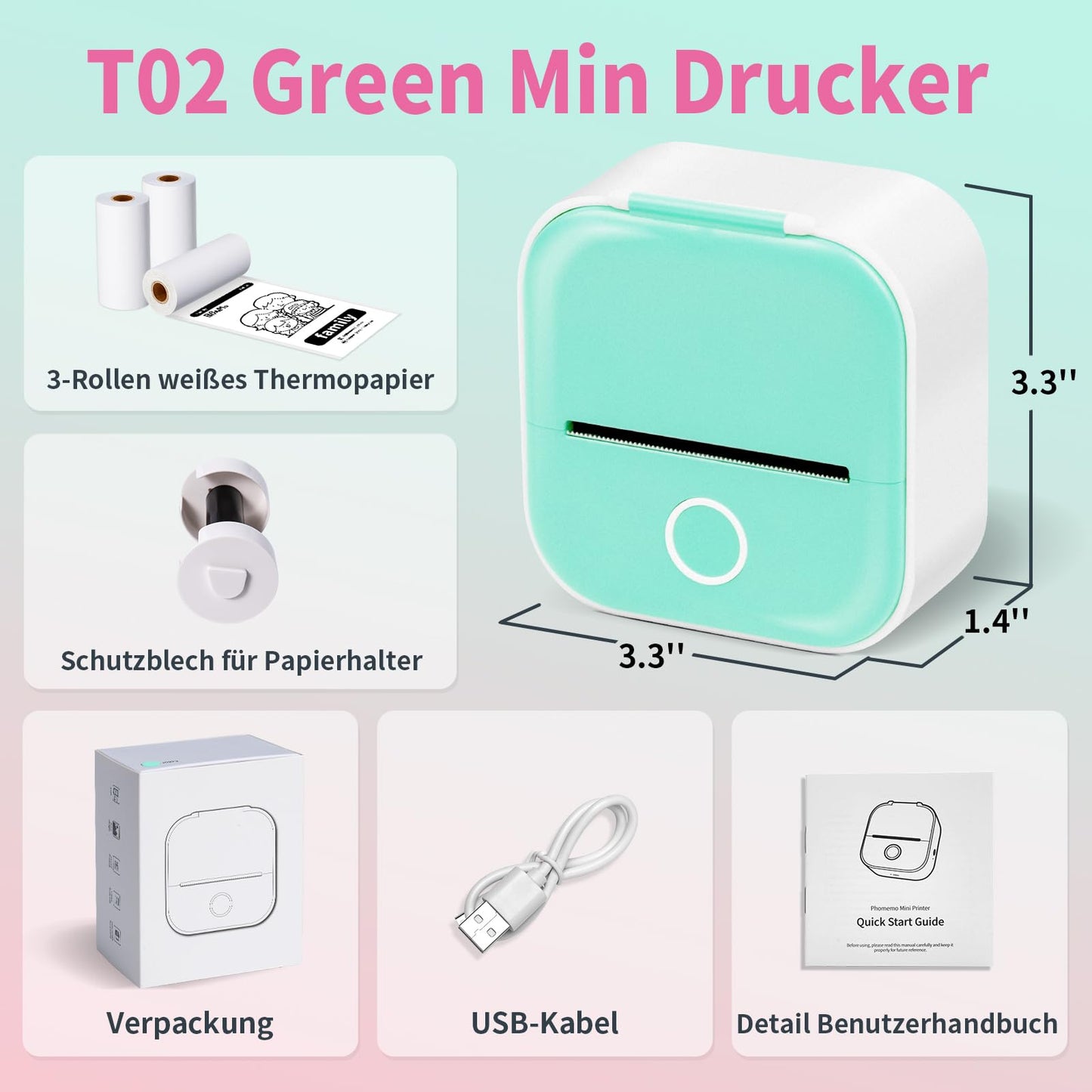 ASprink T02 Bluetooth Thermal Mini Printer - Portable Sticker Machine - Pocket for iPhone, Green with 3 Rolls Paper Journal, Memo, Photo, Grün