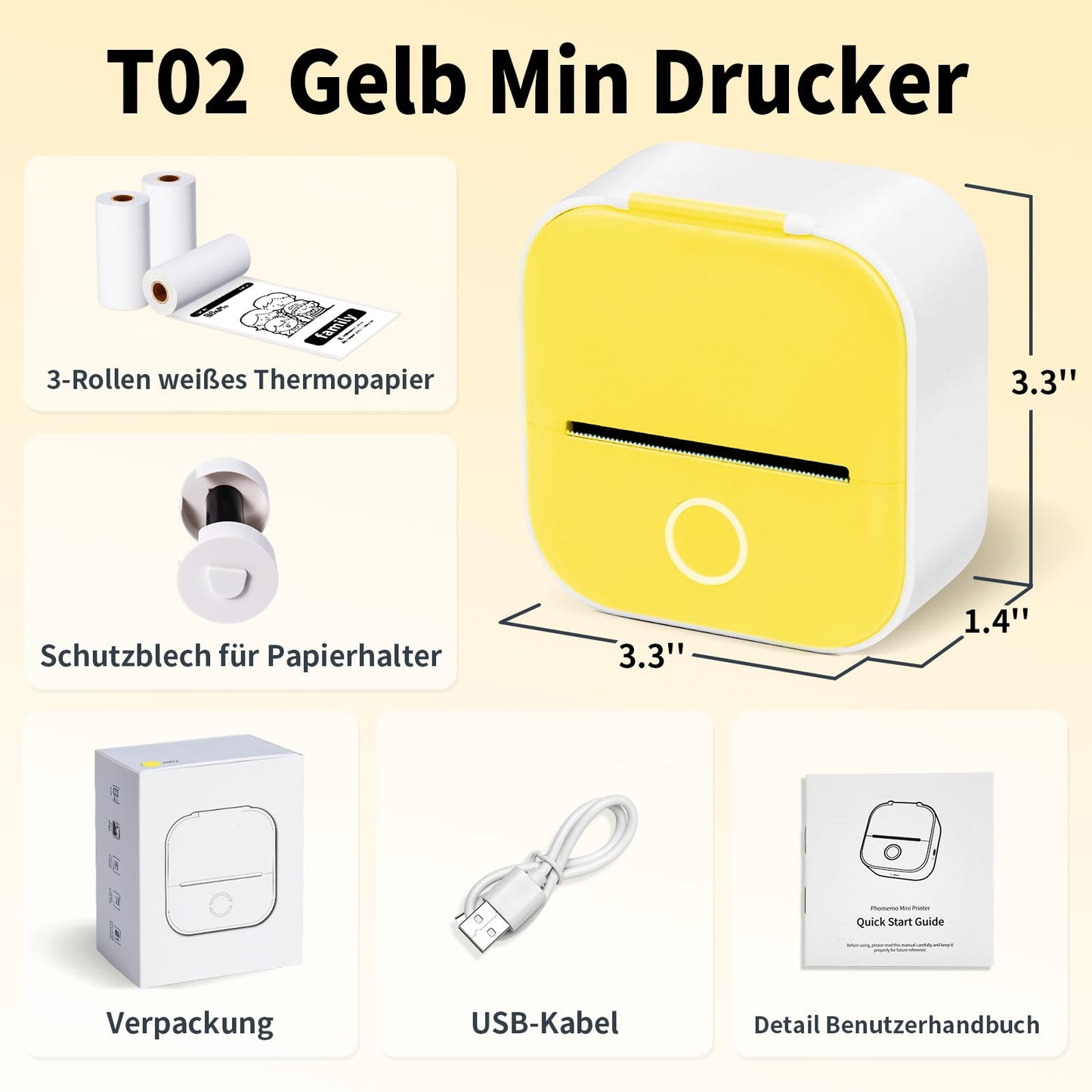 ASprink T02 Mini Drucker mit 3 Papierrollen, Pocket Printer, Etikettendrucker, Sticker, Thermodrucker, Bluetooth, Inkeless für Notizen, Memos, Zeitschriften, DIY