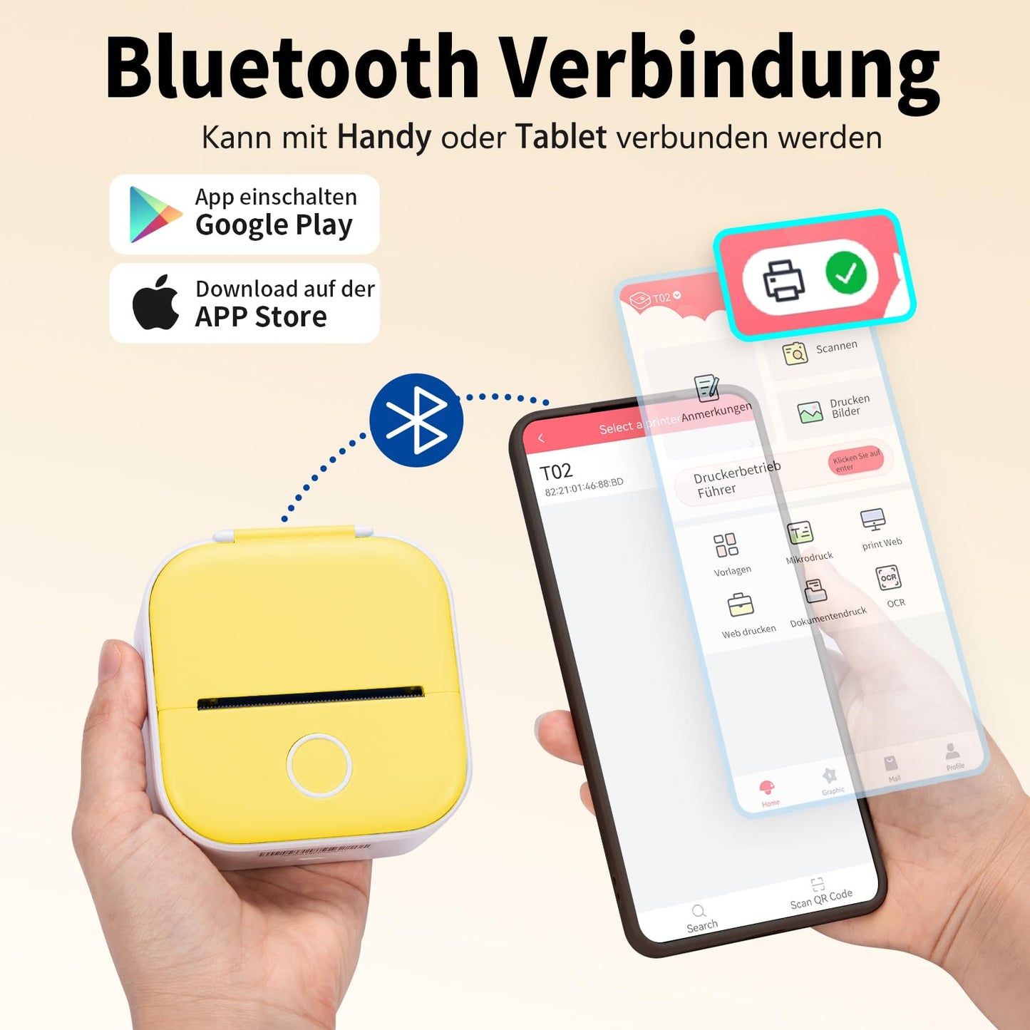 ASprink T02 Mini Drucker mit 3 Papierrollen, Pocket Printer, Etikettendrucker, Sticker, Thermodrucker, Bluetooth, Inkeless für Notizen, Memos, Zeitschriften, DIY