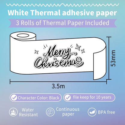 ASprink White Self-Adhesive Thermal Paper Rolls,Printable Sticker Paper for T02 Series Pocket Mobile Printer, Black Character on White, 50mm x 3.5m, 3 Rolls Set