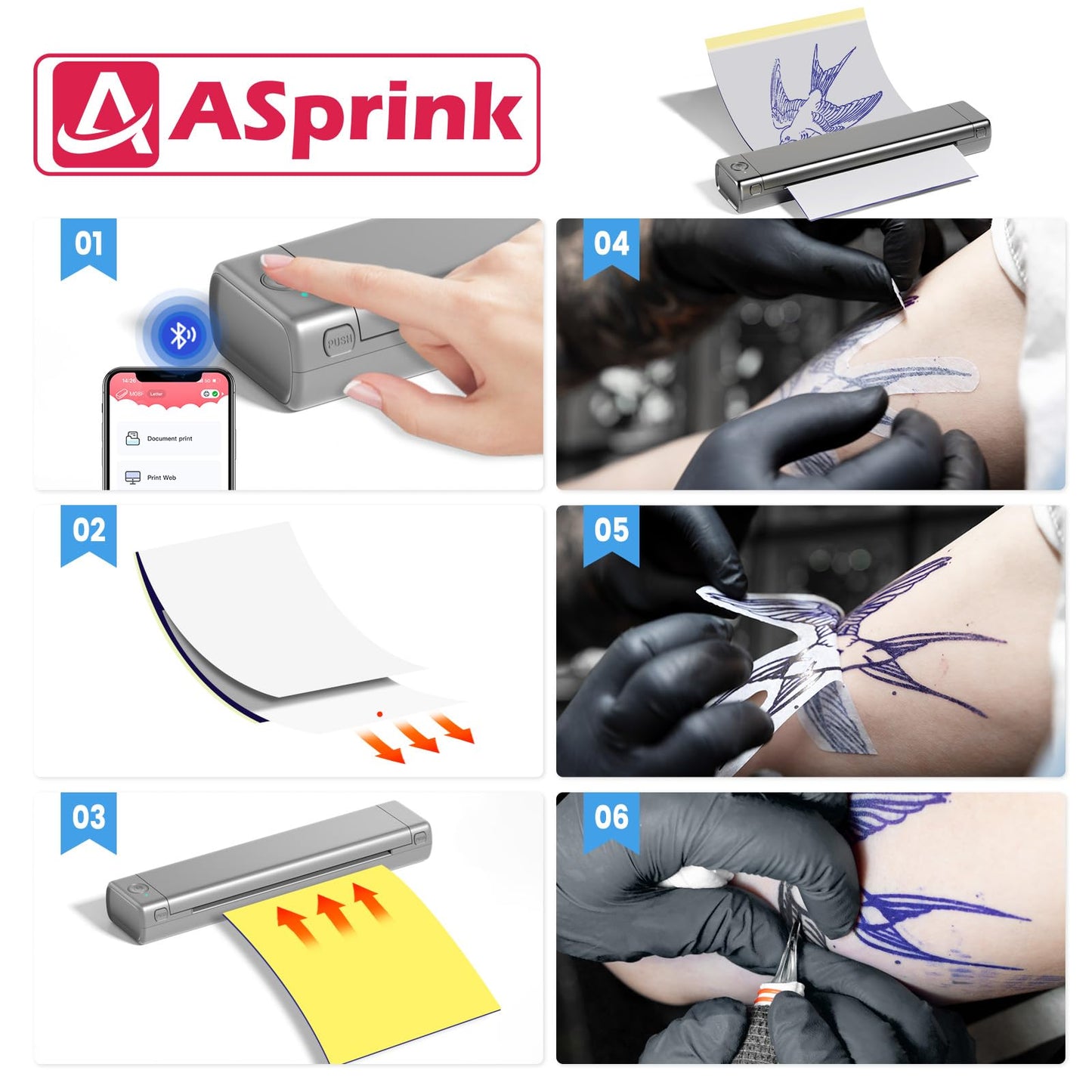 ASprink Thermal Tattoo Stencil Printer, M08F Wireless Tattoo Printer Machine with 10pcs Tattoo Transfer Paper, Tattoo Kit for Beginners & Artists, Compatible with Phone & PC