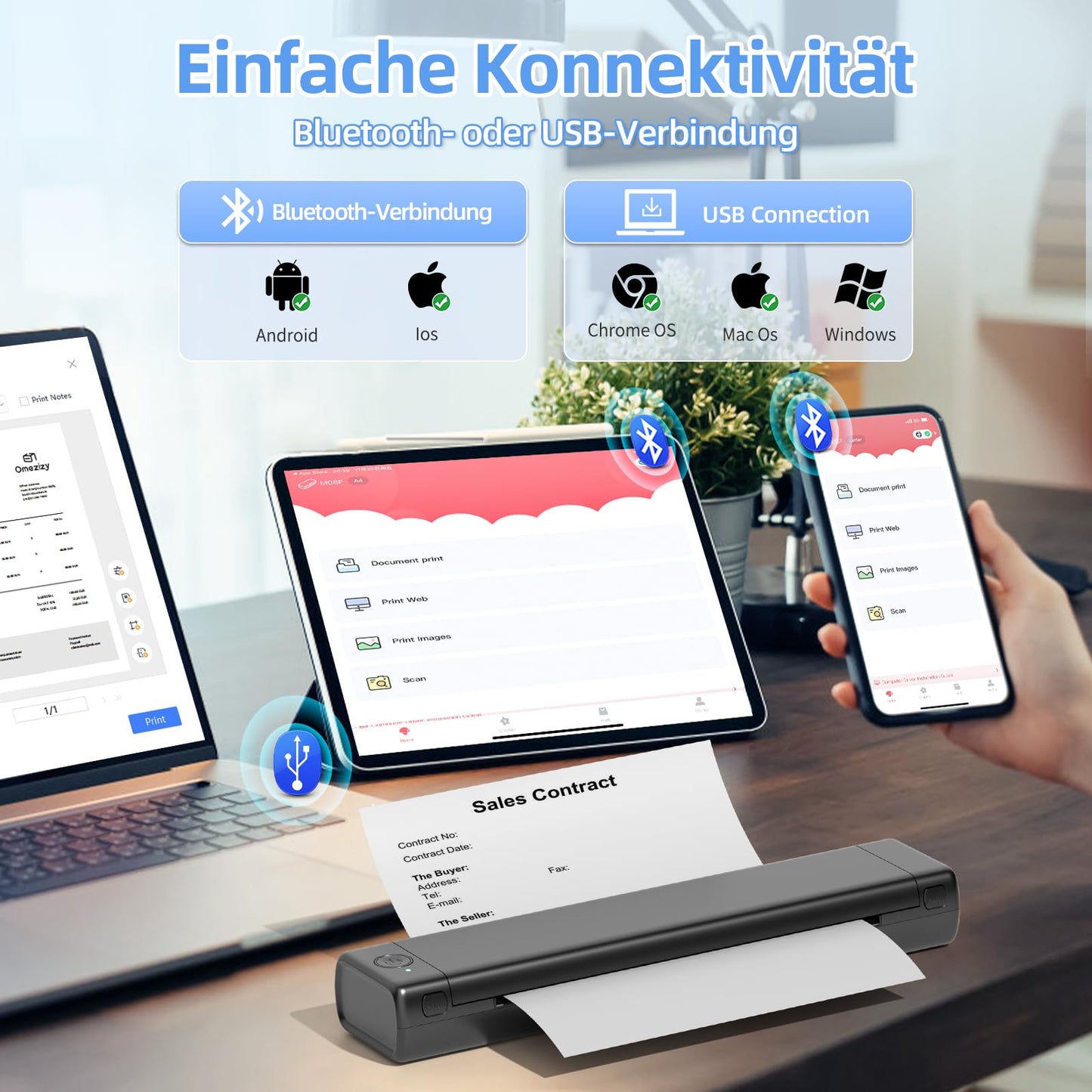 ASprink A4 Mobiler Drucker, M08f Bluetooth Multifunktionsdrucker UnterstüTzt Thermopapier A4 im Format 8.27''X11.69'', Thermal Printer, Kompatibel mit Android und iOS füR Telefon und Laptop