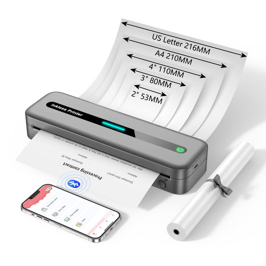 ASprink Thermische Printer, M832 Draadloze Draagbare Printer voor US Letter/A4/110MM/80MM/53MM Thermisch Papier, Draagbare Inktloze Printer voor Android en iOS - Grijs