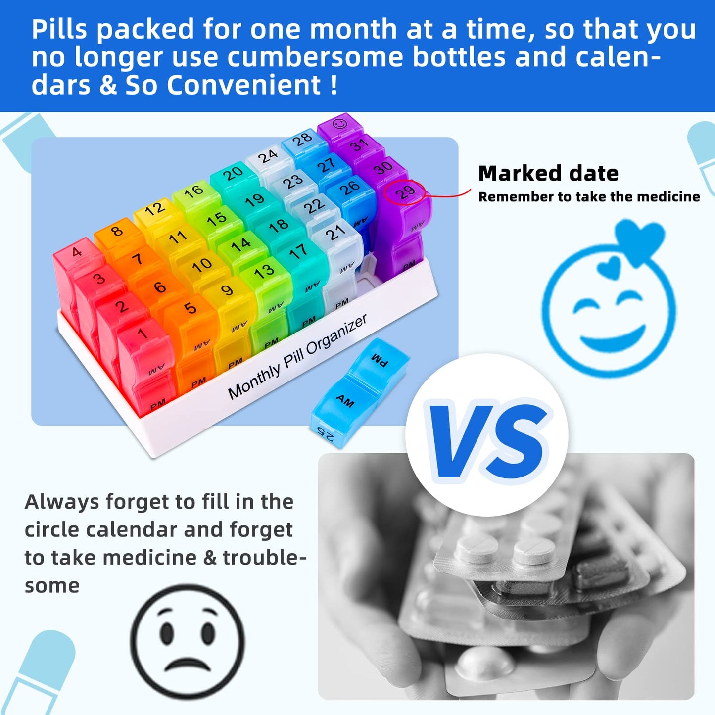 ASprink Monthly Pill Organizer 2 Times a Day,30 Day One Month Pill Box AM PM,31 Day Pill Case Small Compartments to Hold Vitamins,Travel Medicine Organizer,31 Day Pill Organizer Twice a Day