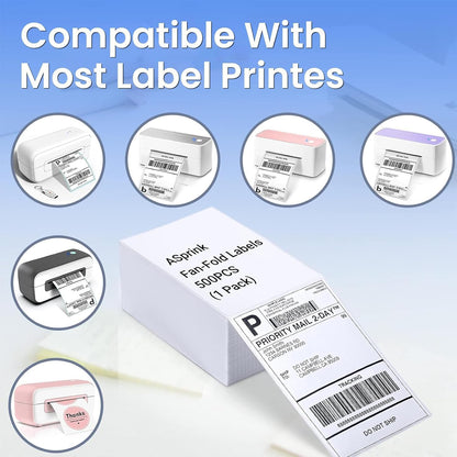 ASprink 4''x 6'' Fanfold Thermal Labels - ASprink Thermal Shipping Labels Self Adhesive - White Mailing Labels for Thermal Label Printers (Fanfold Style & 500 Labels)