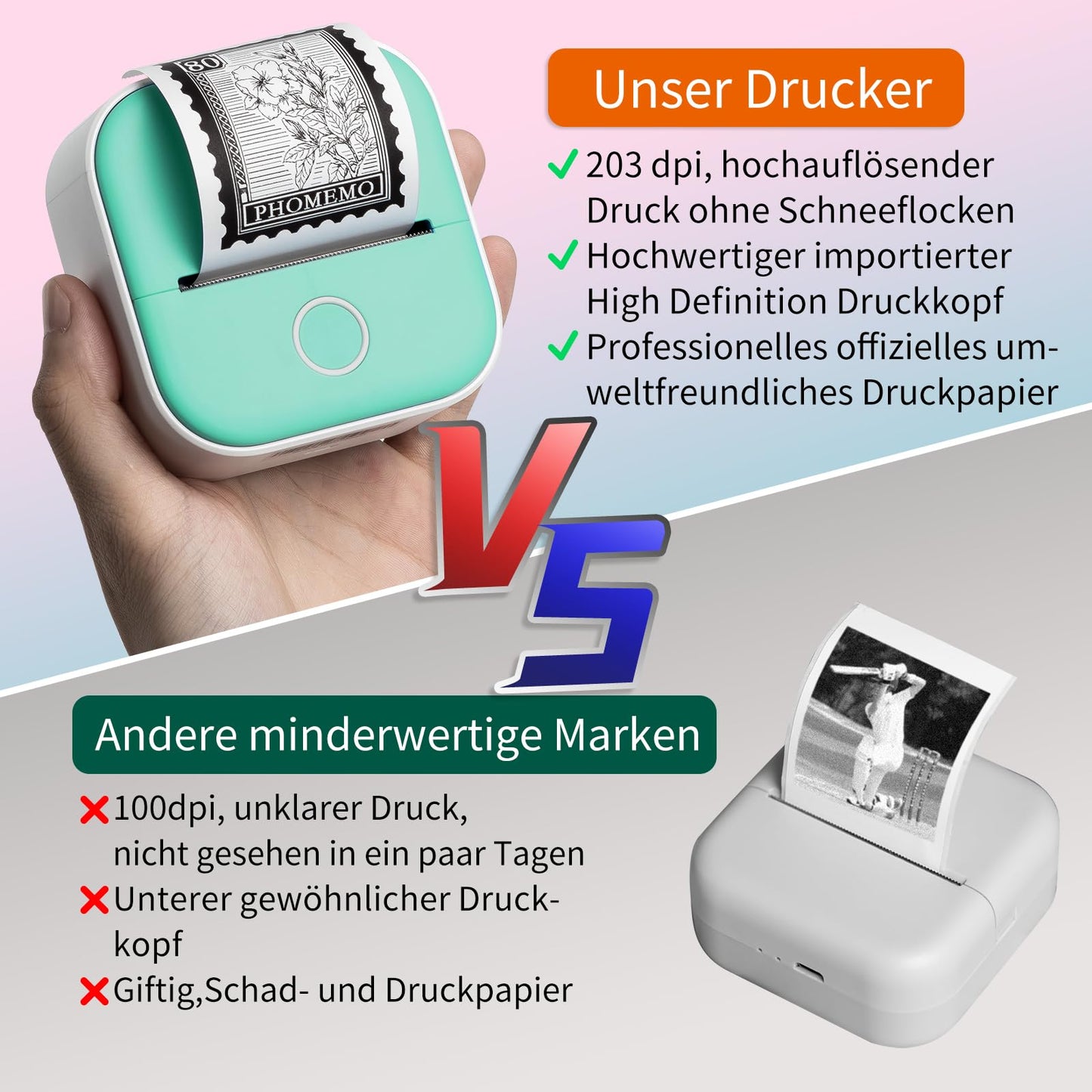 ASprink T02 Mini Drucker mit 3 Papierrollen, Mini Pocket Printer, Etikettendrucker, Sticker Drucker, Mini Bluetooth Drucker, Inkeless Drucker für Notizen, Memos, Zeitschriften, DIY