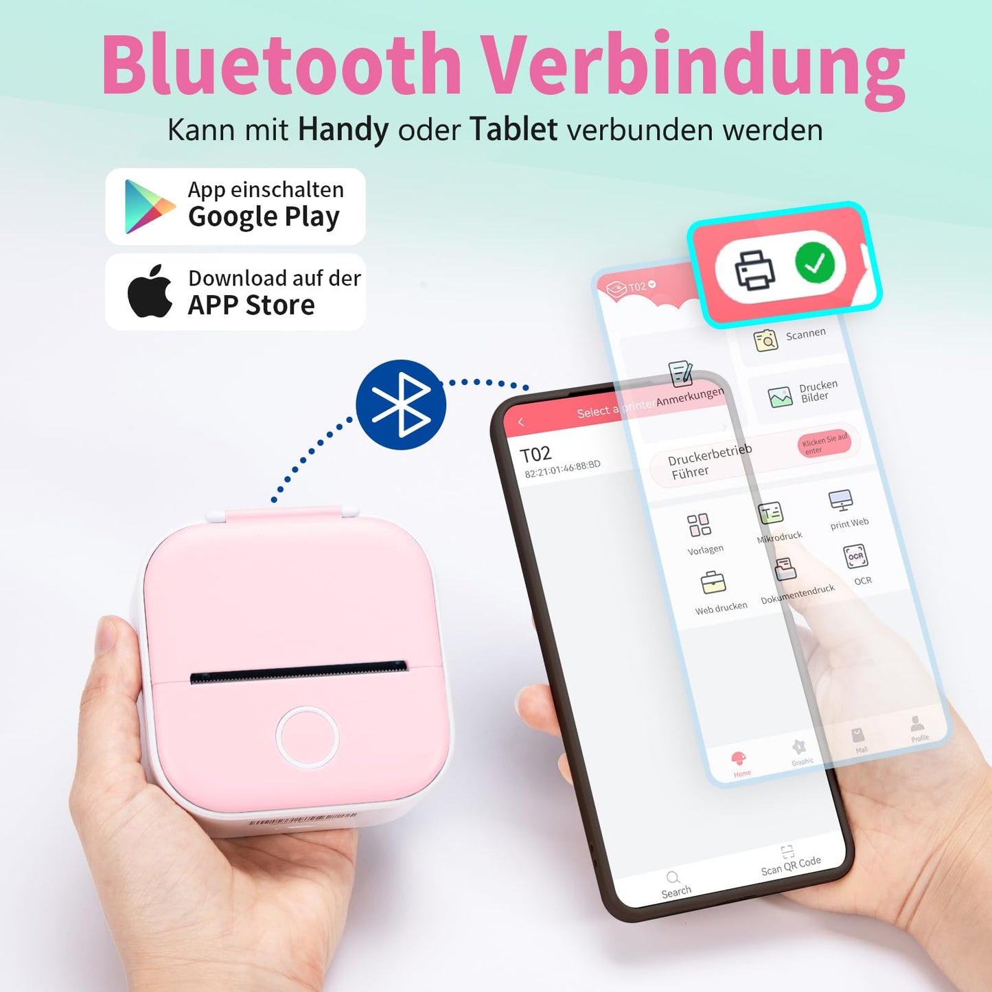 ASprink Mini Pocket Printer mit 3 Papierrollen, T02 Mini Drucker, Sticker Drucker, Mini Aufkleberdrucker, Thermodrucker, Mini Bluetooth Drucker, Inkeless Drucker für Notizen, Memos, Zeitschriften, DIY