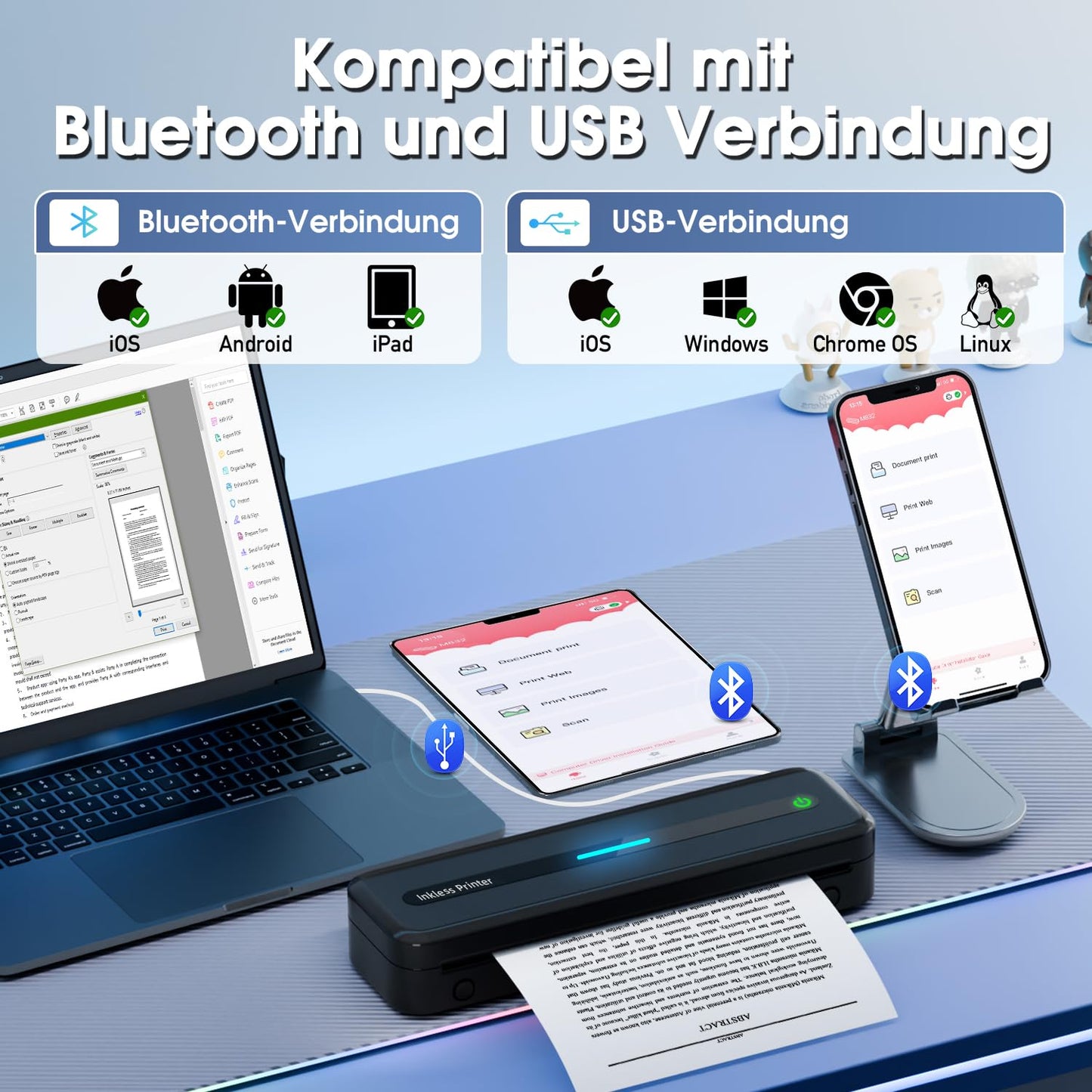 ASprink Thermische Printer, M832 Draadloze Draagbare Printer voor US Letter/A4/110MM/80MM/53MM Thermisch Papier, Draagbare Inktloze Printer voor Android en iOS - Wit