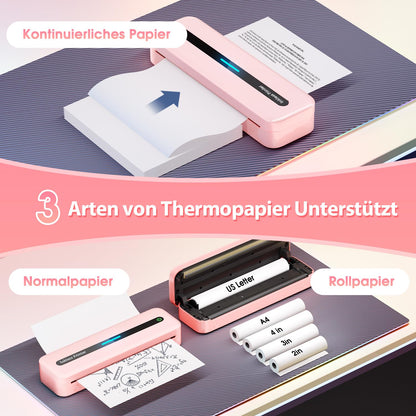 ASprink Imprimante Mobile, M832 Imprimante Thermique Bluetooth pour A4 / 110 mm / 80 mm / 53 mm/US - Papier Thermique - Petite imprimante compacte pour Android et iOS - Rose