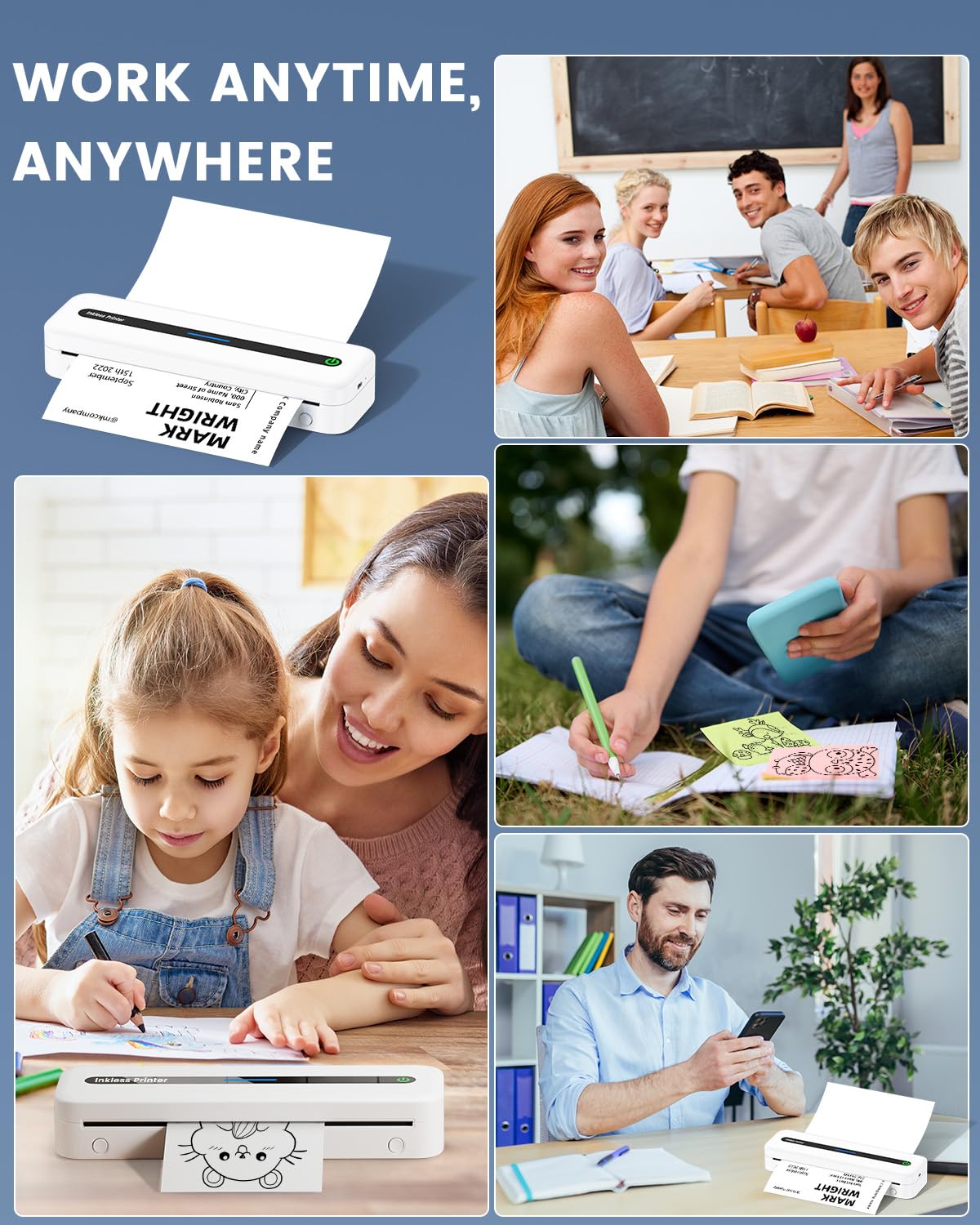 ASprink M832 Portable Printers Wireless for Travel - 300DPI Thermal Inkless Printer for Home Use - Small Bluetooth Printer, Compact Mobile Printer, Compatible with iOS & Android & Laptop - White