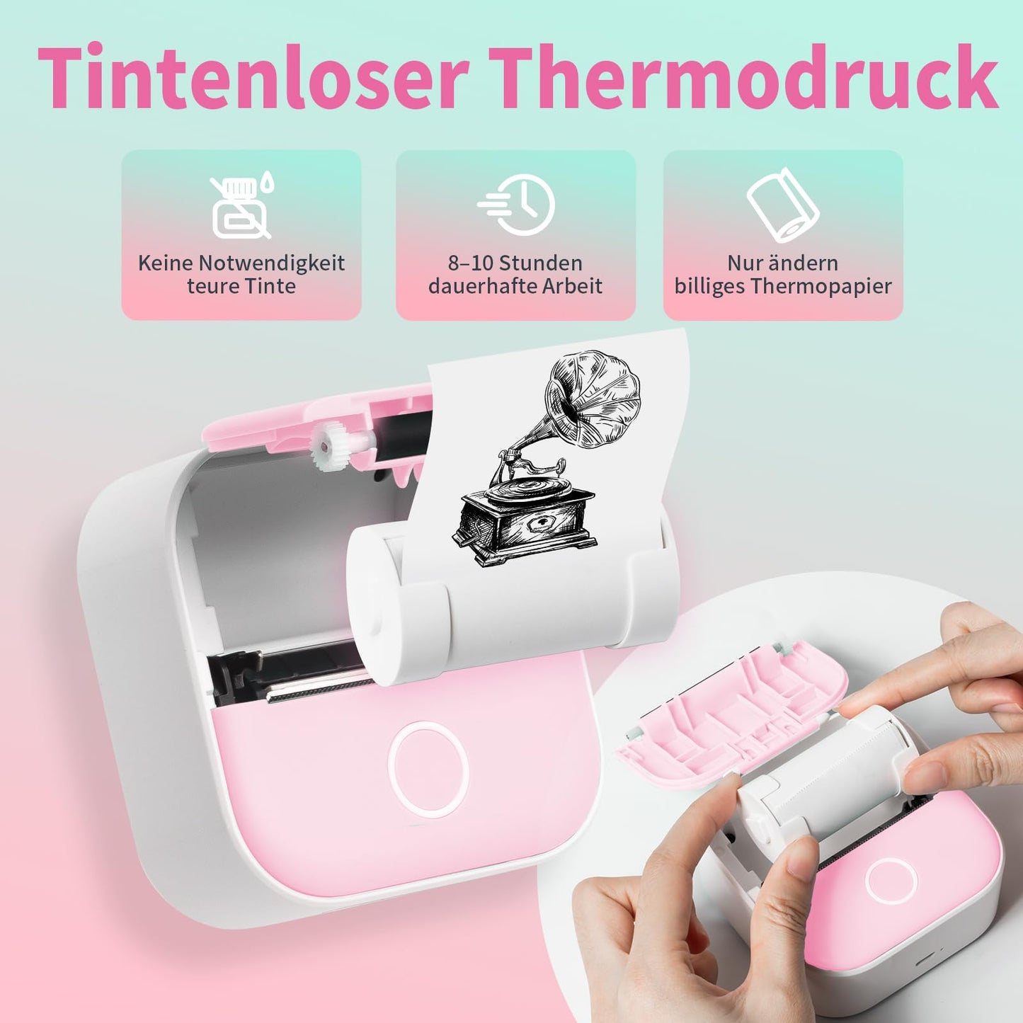 ASprink Mini Pocket Printer mit 3 Papierrollen, T02 Mini Drucker, Sticker Drucker, Mini Aufkleberdrucker, Thermodrucker, Mini Bluetooth Drucker, Inkeless Drucker für Notizen, Memos, Zeitschriften, DIY