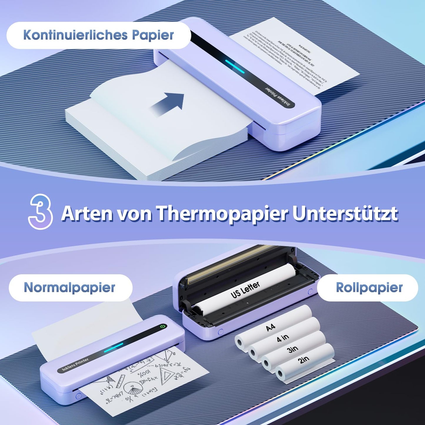 ASprink Thermische Printer, M832 Draadloze Draagbare Printer voor US Letter/A4/110MM/80MM/54MM Thermisch Papier, Draagbare Inktloze Printer voor Android en iOS - Paars