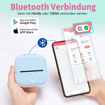 ASprink T02 Mini Drucker mit 3 Papierrollen, Pocket Printer, Etikettendrucker, Aufkleberdrucker, Thermodrucker, Bluetooth, Inkeless für Notizen, Memos, Zeitschriften, DIY