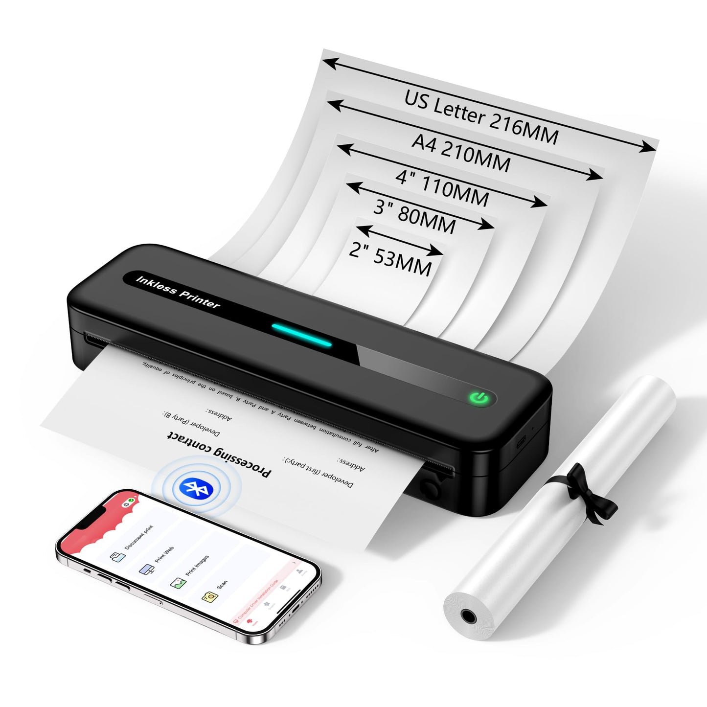 ASprink Thermische Printer, M832 Draadloze Draagbare Printer voor US Letter/A4/110MM/80MM/53MM Thermisch Papier, Draagbare Inktloze Printer voor Android en iOS - Wit