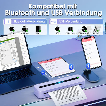 ASprink Mobiler Drucker Bluetooth, Thermodrucker A4 M832 Tragbarer Drucker Nur Thermopapier, 300DPI Portable Printer A4 für Unterwegs, Drucker Klein Kompakt Kompatibel mit Android und iOS - Lila