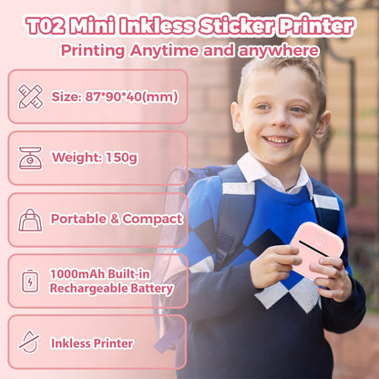 ASprink T02 Mini Printer, Mini Sticker Printer with 3 White Paper Rolls Gift Box Set, Print Pods, Label Makers, Bluetooth Thermal Printer for Study, Compatible with Phone & Tablet