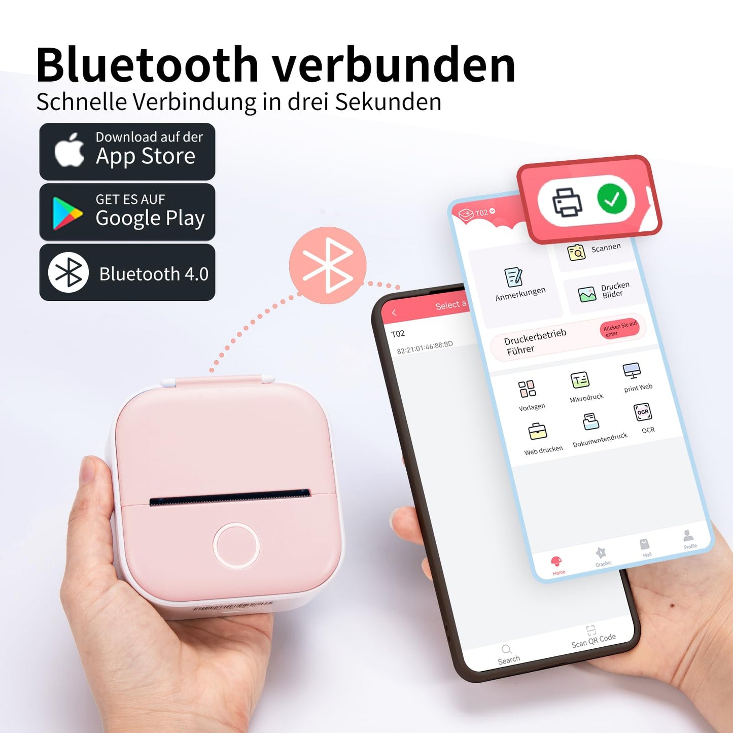 T02 Bluetooth Mini Drucker für Smartphone, tragbarer Fotodrucker fürs Handy, Etikettendrucker, Mobiler Drucker, kompatibel mit iOS & Android, Sticker Drucker für Tagebuch, Memo, Foto, Notizen