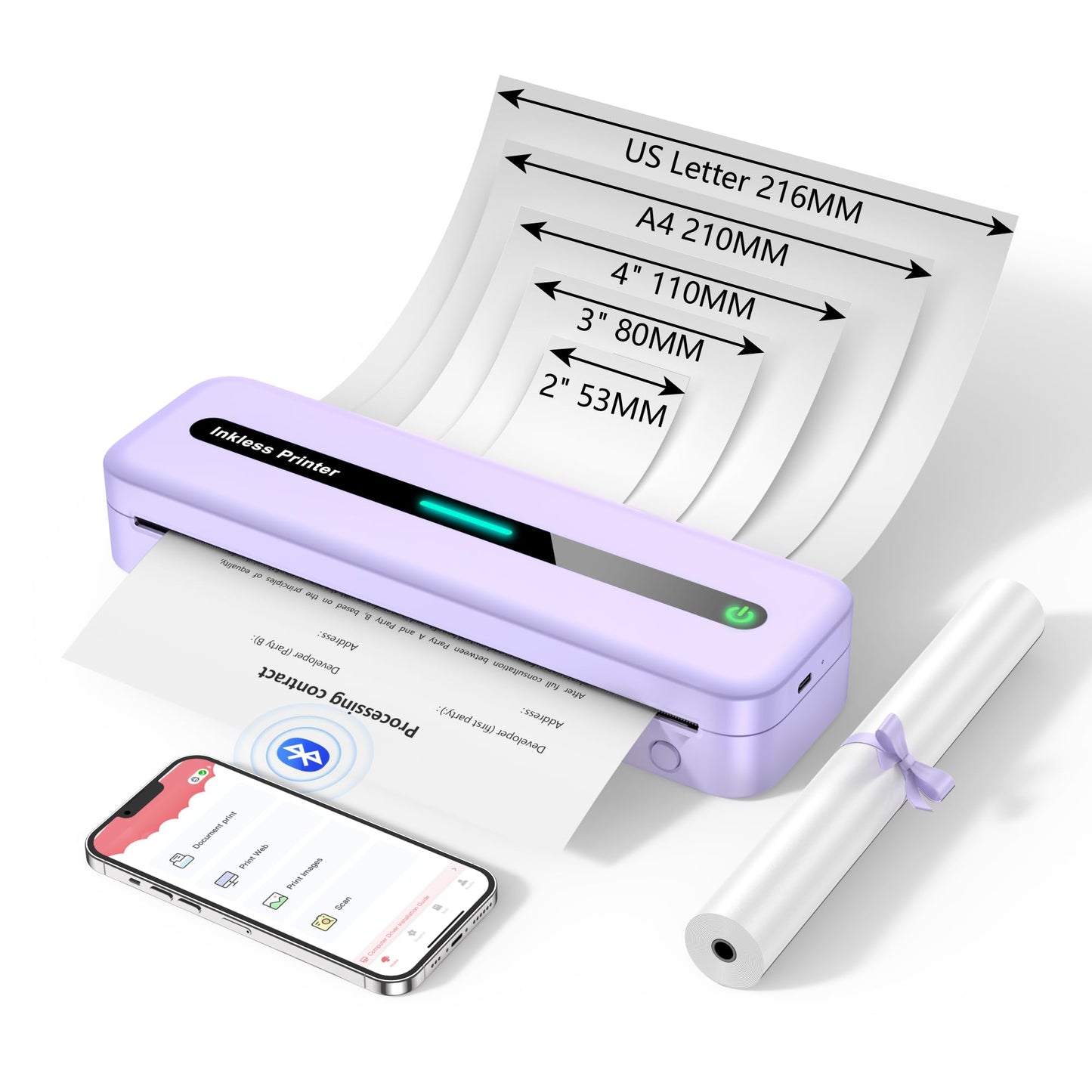 ASprink Stampante Portatile A4, M832 Stampante Termica A4/110 MM/80 MM/53 MM/US Letter Carta Termica, Stampante Termica Portatile per Android e iOS – Viola