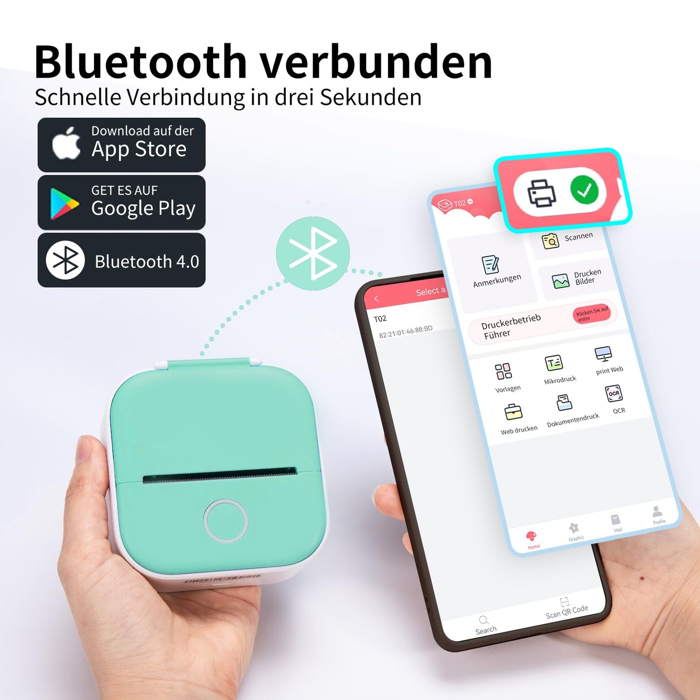 ASprink T02 Mini Drucker mit 3 Papierrollen, Mini Pocket Printer, Etikettendrucker, Sticker Drucker, Mini Bluetooth Drucker, Inkeless Drucker für Notizen, Memos, Zeitschriften, DIY