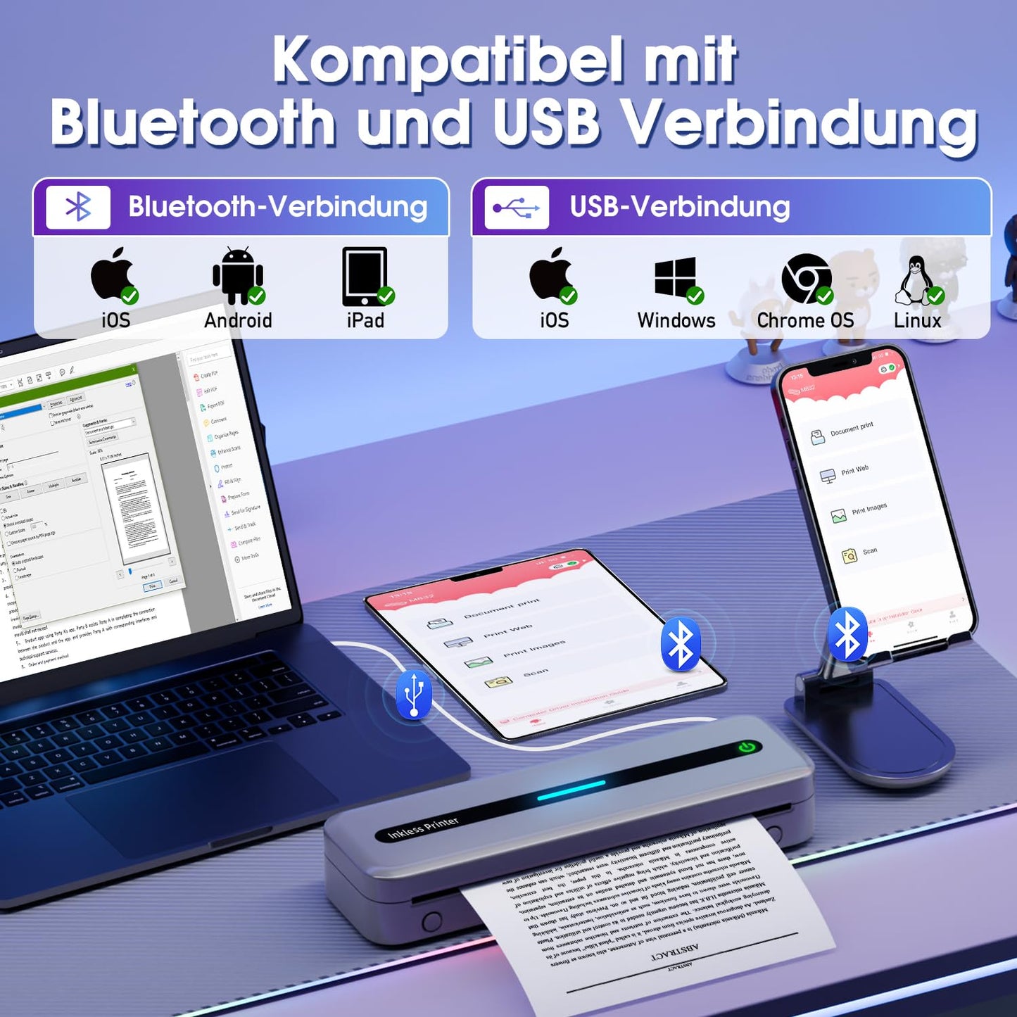 ASprink Thermische Printer, M832 Draadloze Draagbare Printer voor US Letter/A4/110MM/80MM/53MM Thermisch Papier, Draagbare Inktloze Printer voor Android en iOS - Grijs