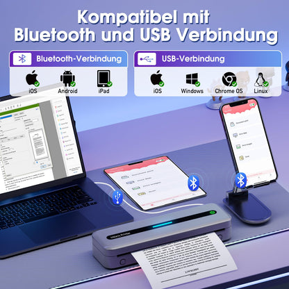 ASprink Thermische Printer, M832 Draadloze Draagbare Printer voor US Letter/A4/110MM/80MM/53MM Thermisch Papier, Draagbare Inktloze Printer voor Android en iOS - Grijs