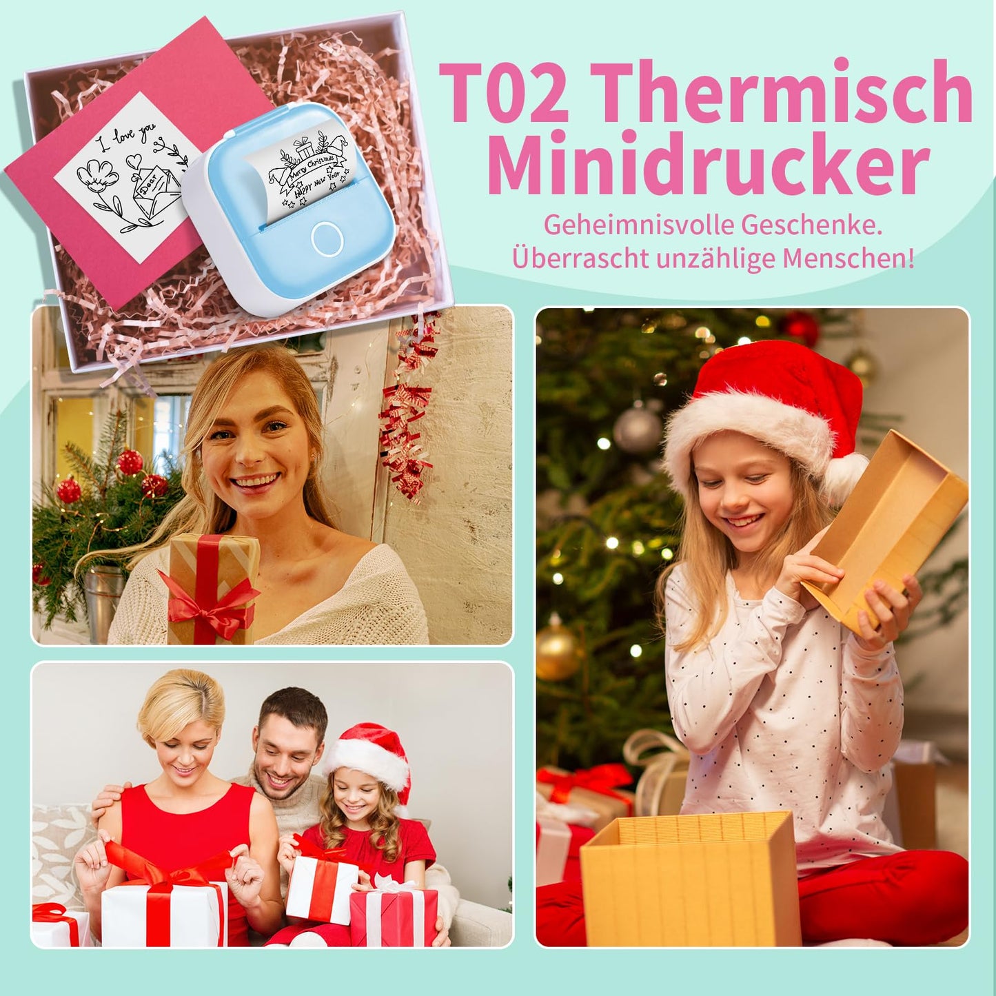 ASprink T02 Mini Drucker mit 3 Papierrollen, Pocket Printer, Etikettendrucker, Aufkleberdrucker, Thermodrucker, Bluetooth, Inkeless für Notizen, Memos, Zeitschriften, DIY