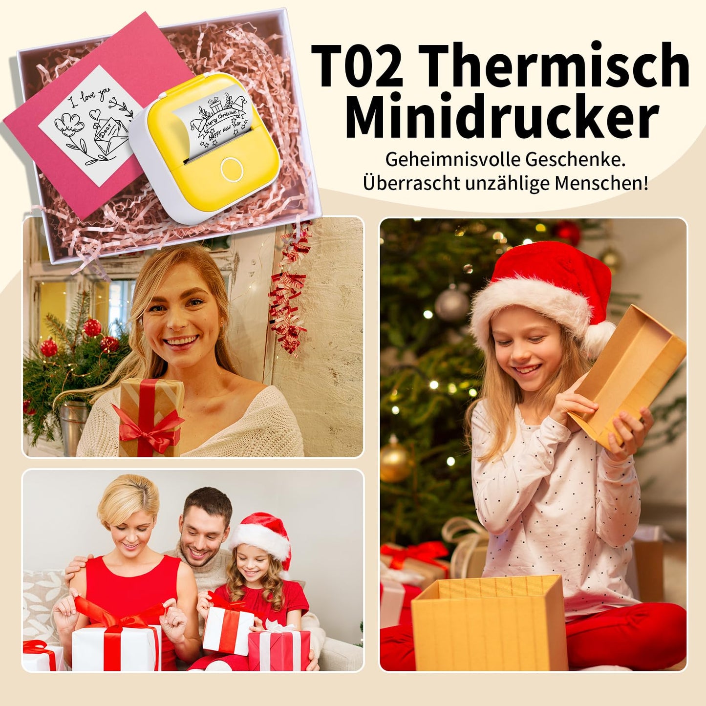 ASprink T02 Mini Drucker mit 3 Papierrollen, Pocket Printer, Etikettendrucker, Sticker, Thermodrucker, Bluetooth, Inkeless für Notizen, Memos, Zeitschriften, DIY