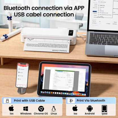 ASprink Wireless Bluetooth Thermodrucker M835, Tragbarer A4 Drucker für zu Hause, in der Schule und auf Reisen, Kompatibel mit Android und IOS, Mobiler Weiß Drucker, Design Ohne Tinte
