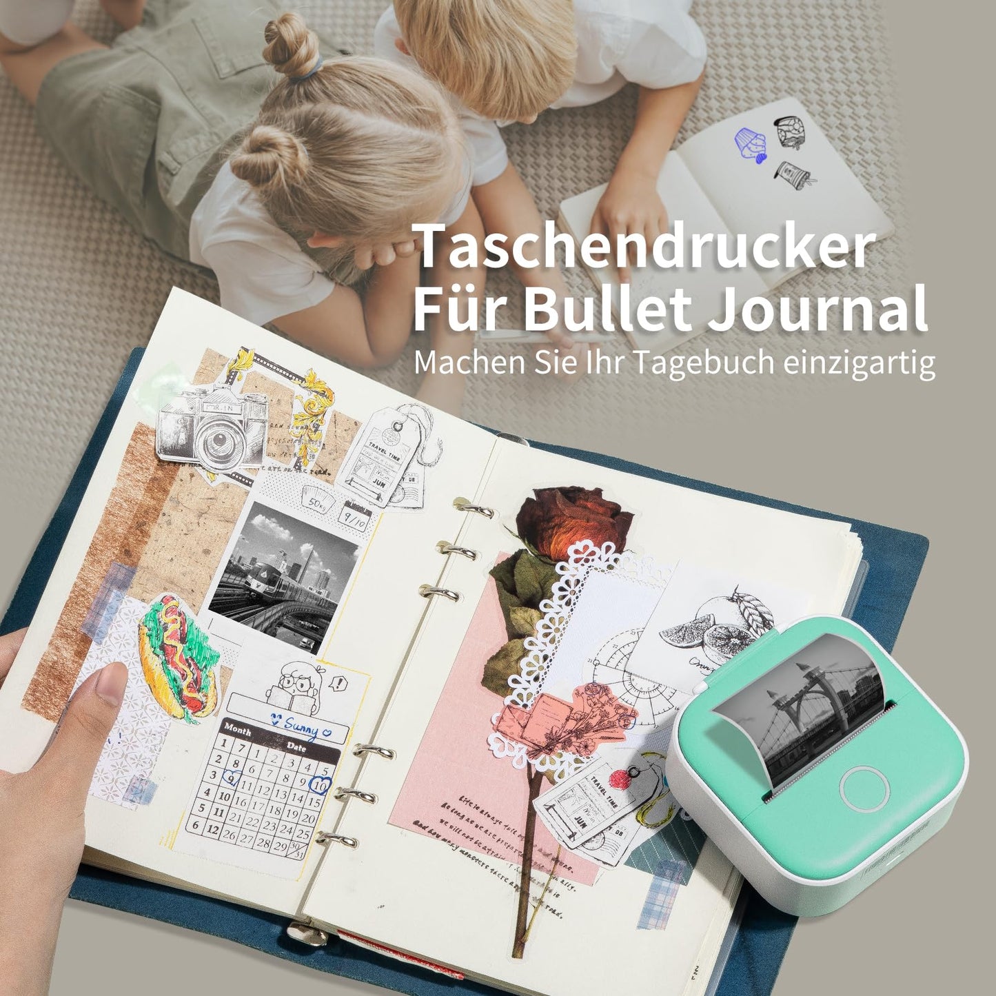 ASprink T02 Mini Drucker mit 3 Papierrollen, Mini Pocket Printer, Etikettendrucker, Sticker Drucker, Mini Bluetooth Drucker, Inkeless Drucker für Notizen, Memos, Zeitschriften, DIY